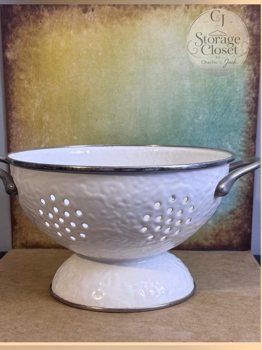 White Enamel Colander with Pedestal and Handles - Rustic Kitchen Strainer